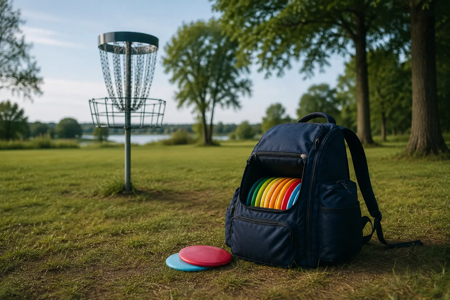 Discgolf-Tasche mit farbigen Scheiben neben einem Discgolf-Korb